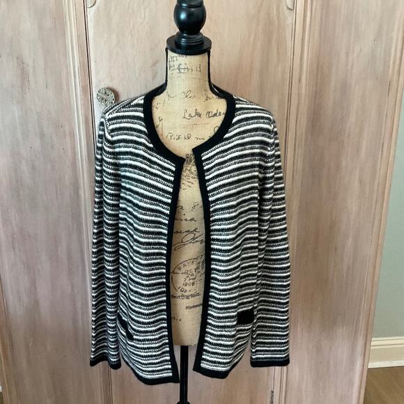 EUC Charter Club Luxury Open Cashmere Cardigan Sweater Sz L Black Cream stripe L - Picture 1 of 16